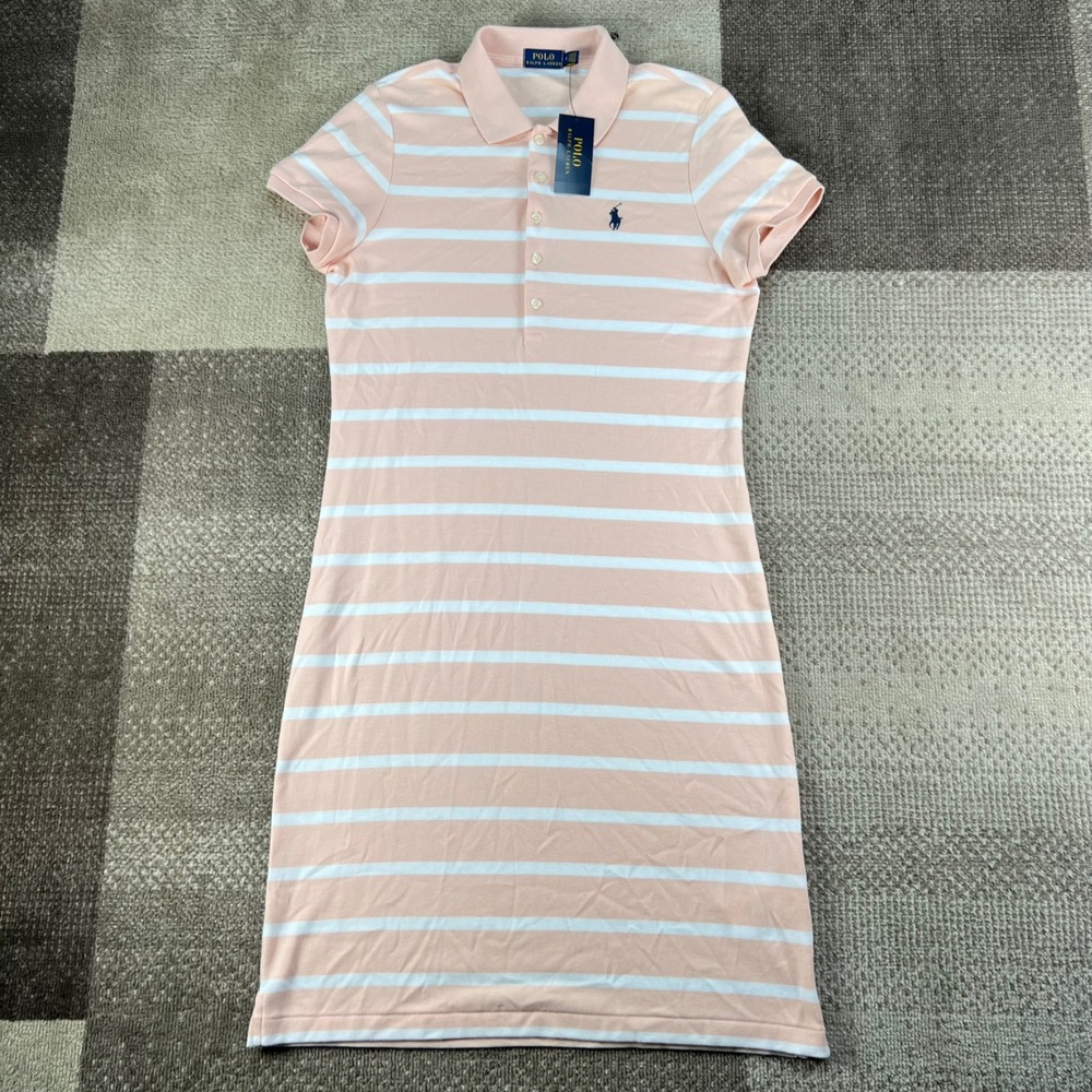 Polo Ralph Lauren Womens Pale Pink White Striped Polo Dress Size M NWT